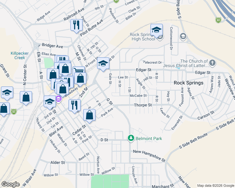 map of restaurants, bars, coffee shops, grocery stores, and more near 1004 McCabe Street in Rock Springs