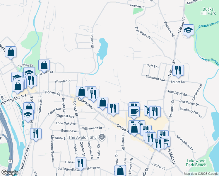 map of restaurants, bars, coffee shops, grocery stores, and more near 49 Zuella Drive in Waterbury