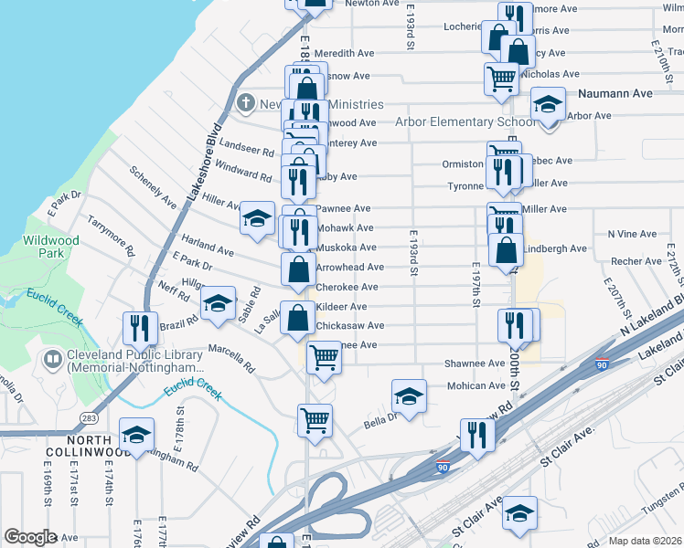 map of restaurants, bars, coffee shops, grocery stores, and more near 18803 Cherokee Avenue in Cleveland