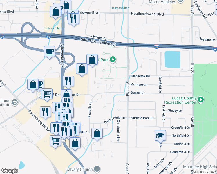 map of restaurants, bars, coffee shops, grocery stores, and more near 342 Wrexham Lane in Maumee