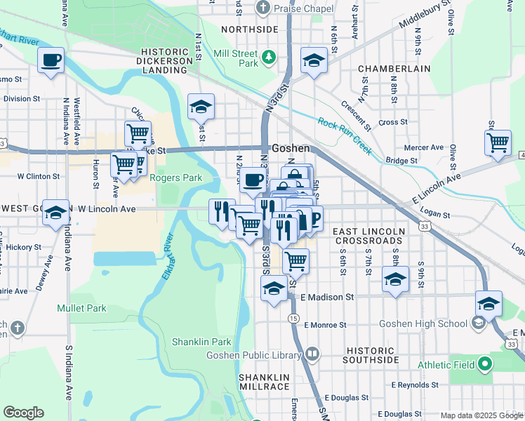 map of restaurants, bars, coffee shops, grocery stores, and more near 105 South 3rd Street in Goshen