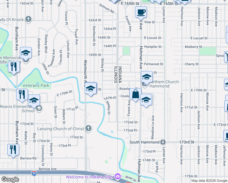 map of restaurants, bars, coffee shops, grocery stores, and more near 22 167th Place in Calumet City