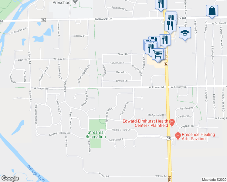 map of restaurants, bars, coffee shops, grocery stores, and more near 16316 Spring Creek Lane in Plainfield