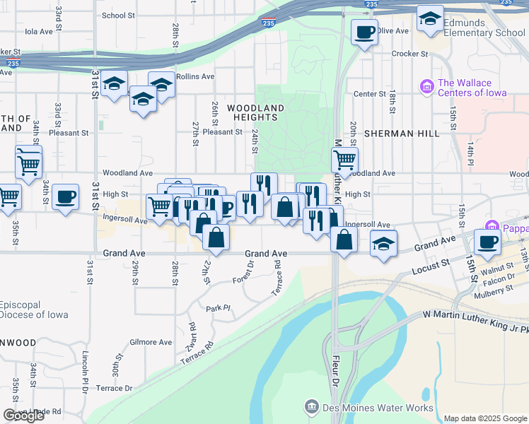map of restaurants, bars, coffee shops, grocery stores, and more near 2301 Ingersoll Avenue in Des Moines