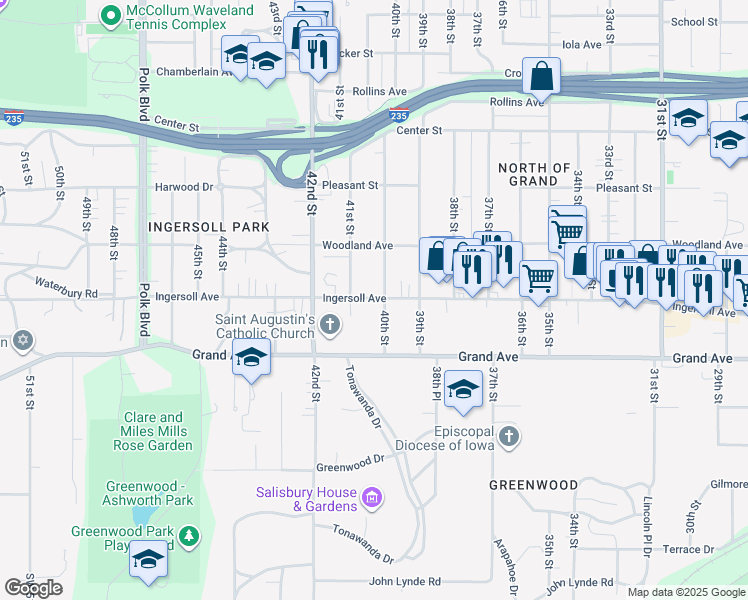 map of restaurants, bars, coffee shops, grocery stores, and more near 4018 Ingersoll Avenue in Des Moines