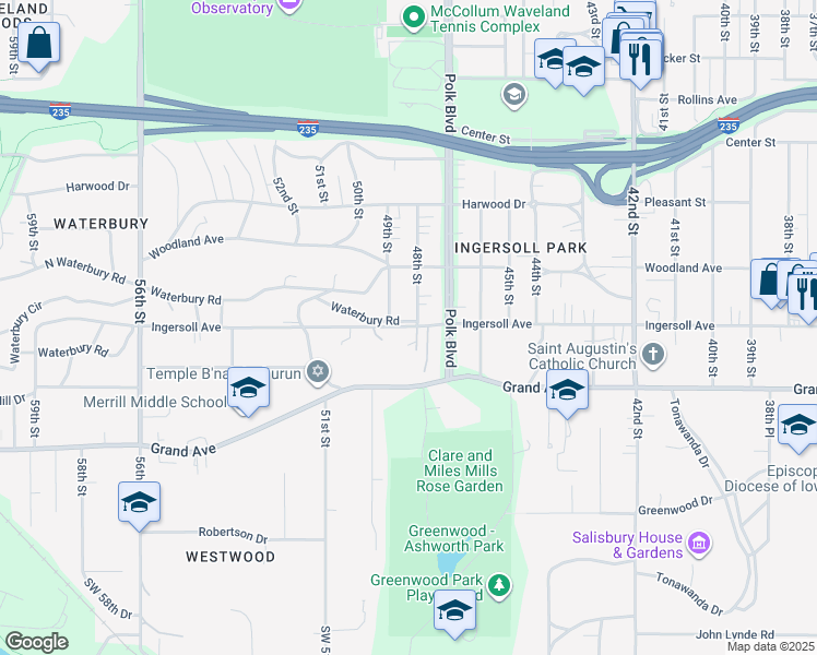 map of restaurants, bars, coffee shops, grocery stores, and more near 4730 Ingersoll Avenue in Des Moines