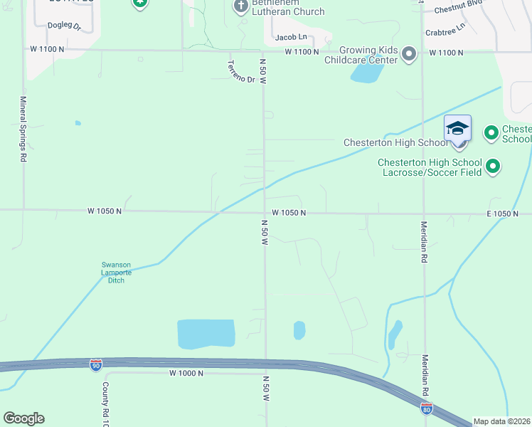 map of restaurants, bars, coffee shops, grocery stores, and more near 48 West 1050 North in Chesterton