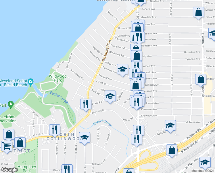 map of restaurants, bars, coffee shops, grocery stores, and more near 17916 East Park Drive in Cleveland