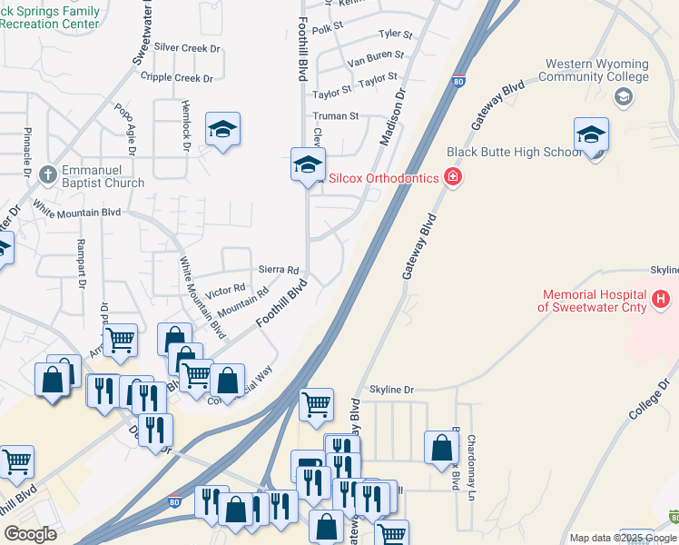 map of restaurants, bars, coffee shops, grocery stores, and more near 3275 Roosevelt Way in Rock Springs