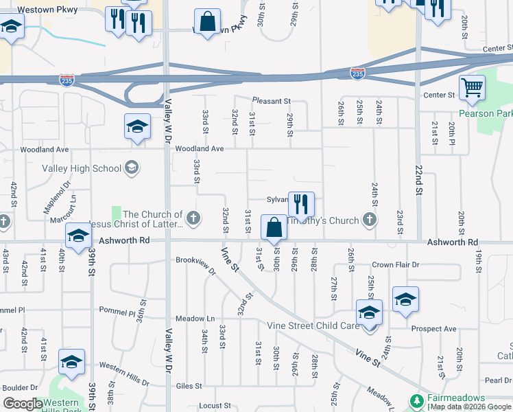 map of restaurants, bars, coffee shops, grocery stores, and more near 3010 Sylvania Drive in West Des Moines