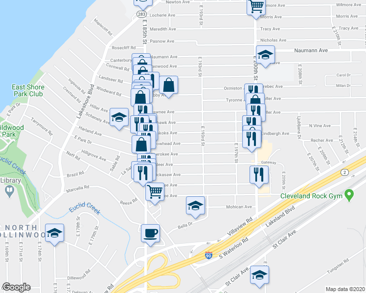 map of restaurants, bars, coffee shops, grocery stores, and more near 18912 Arrowhead Avenue in Cleveland