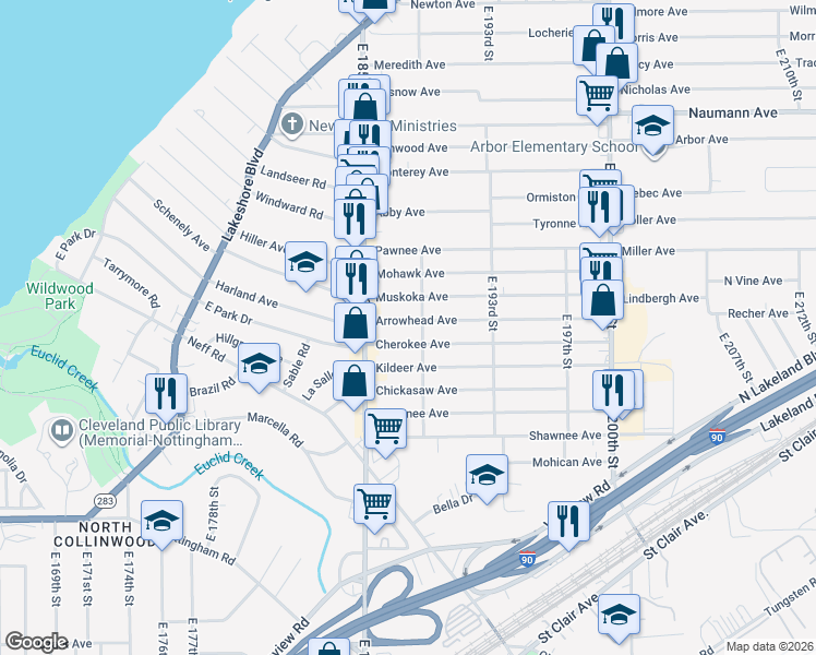 map of restaurants, bars, coffee shops, grocery stores, and more near 18803 Cherokee Avenue in Cleveland
