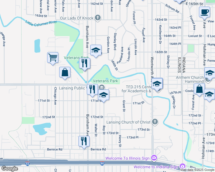 map of restaurants, bars, coffee shops, grocery stores, and more near 3312 East 170th Street in Lansing
