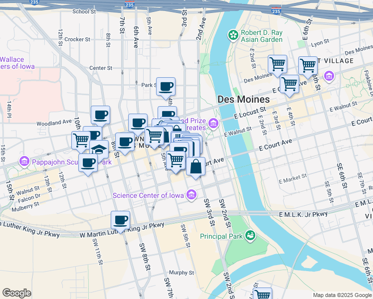 map of restaurants, bars, coffee shops, grocery stores, and more near 300 Walnut Street in Des Moines