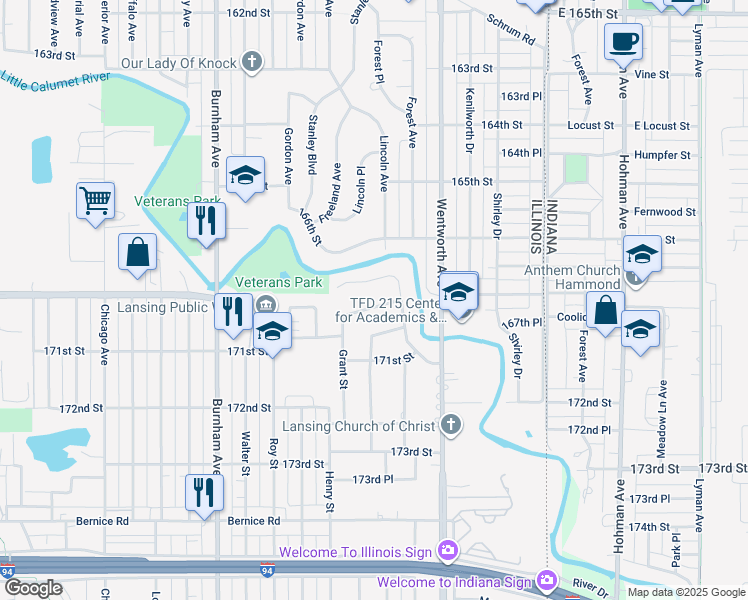 map of restaurants, bars, coffee shops, grocery stores, and more near 3461 East 170th Street in Lansing