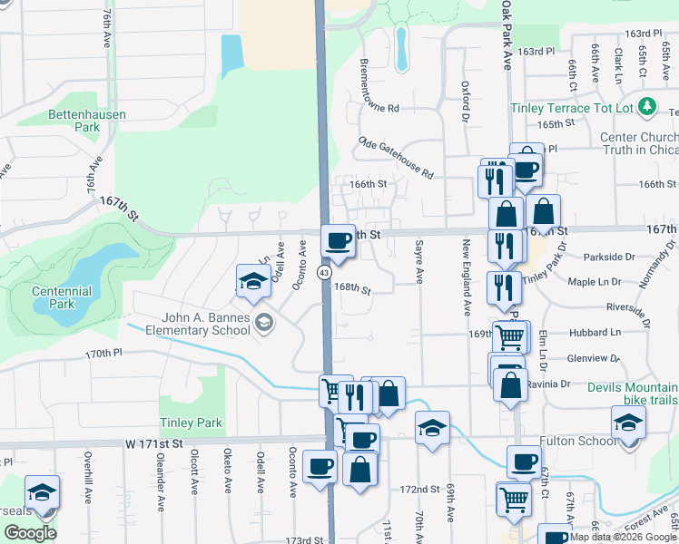 map of restaurants, bars, coffee shops, grocery stores, and more near 16703g South Harlem Avenue in Tinley Park