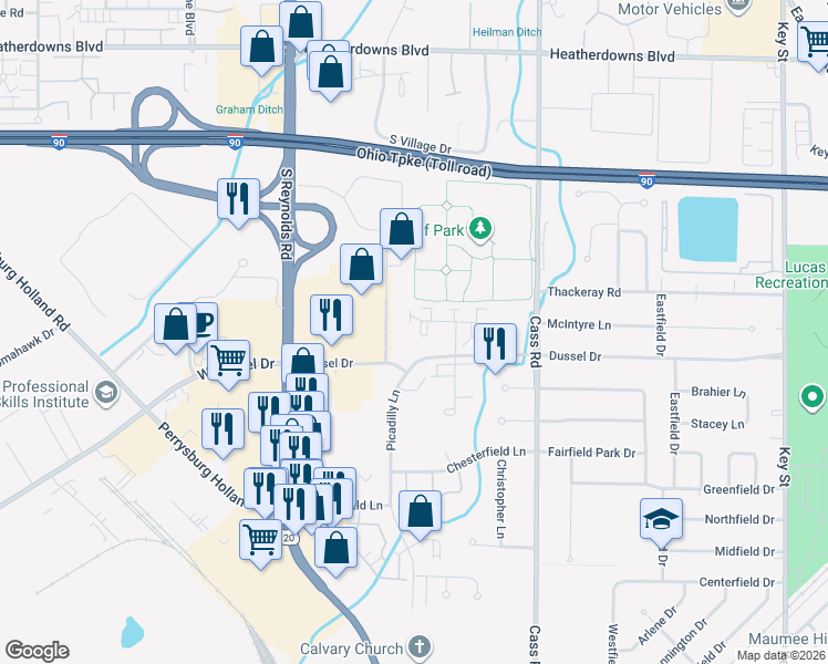 map of restaurants, bars, coffee shops, grocery stores, and more near 302 Wrexham Lane in Maumee