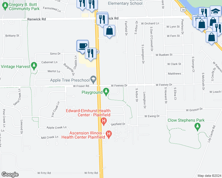 map of restaurants, bars, coffee shops, grocery stores, and more near 23928 Mc Mullin Circle in Plainfield