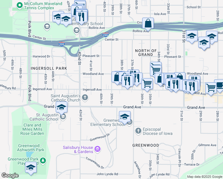 map of restaurants, bars, coffee shops, grocery stores, and more near 600 39th Street in Des Moines