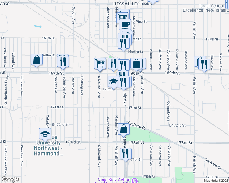 map of restaurants, bars, coffee shops, grocery stores, and more near 7006 Marshall Ave in Hammond