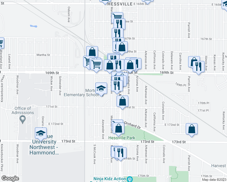 map of restaurants, bars, coffee shops, grocery stores, and more near 7007 Marshall Avenue in Hammond