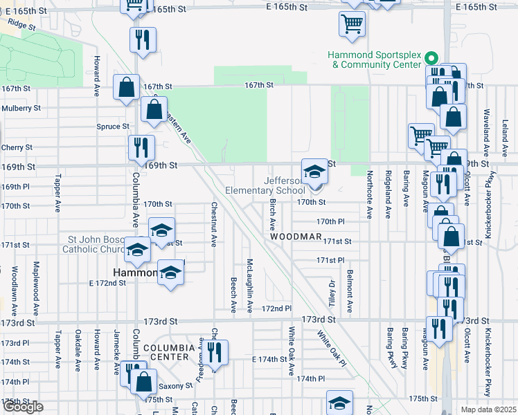 map of restaurants, bars, coffee shops, grocery stores, and more near 1510 170th Street in Hammond