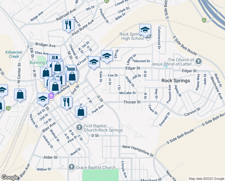 map of restaurants, bars, coffee shops, grocery stores, and more near 1004 McCabe Street in Rock Springs