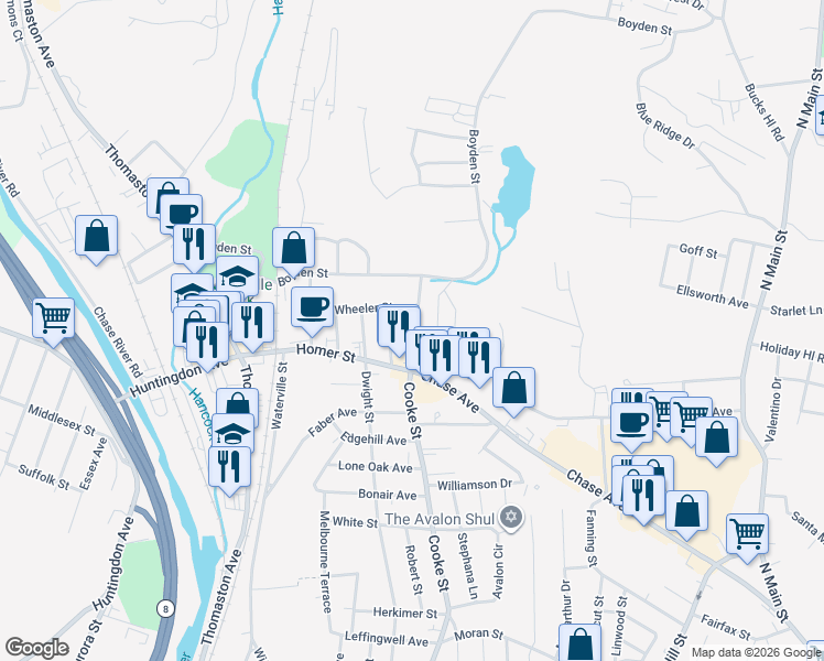 map of restaurants, bars, coffee shops, grocery stores, and more near 1035 Cooke Street in Waterbury