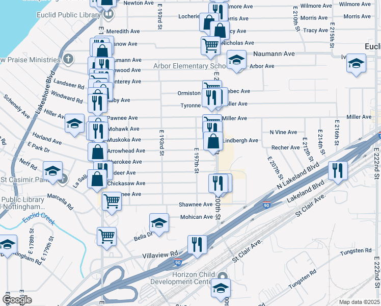 map of restaurants, bars, coffee shops, grocery stores, and more near 19503 Cherokee Avenue in Cleveland