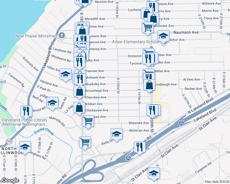 map of restaurants, bars, coffee shops, grocery stores, and more near 19011 Cherokee Avenue in Cleveland