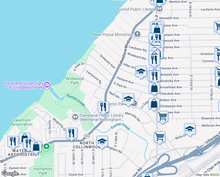 map of restaurants, bars, coffee shops, grocery stores, and more near in Cleveland