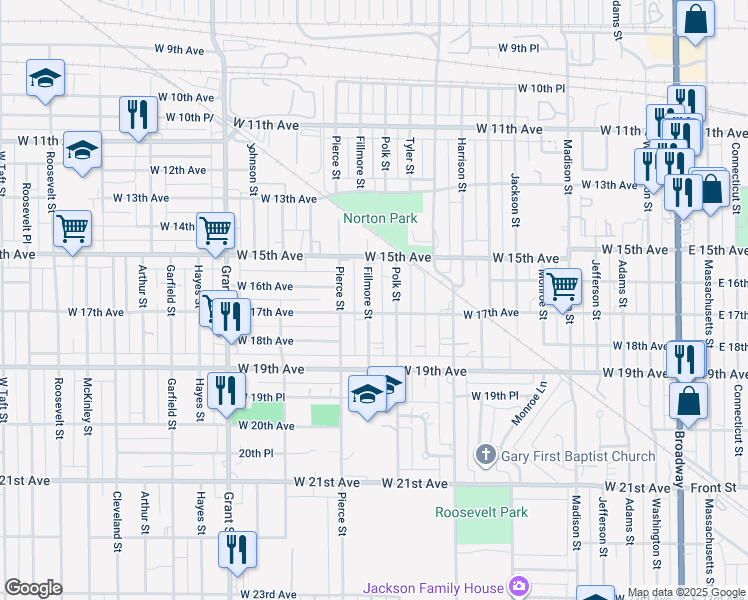 map of restaurants, bars, coffee shops, grocery stores, and more near 1588 Polk Street in Gary