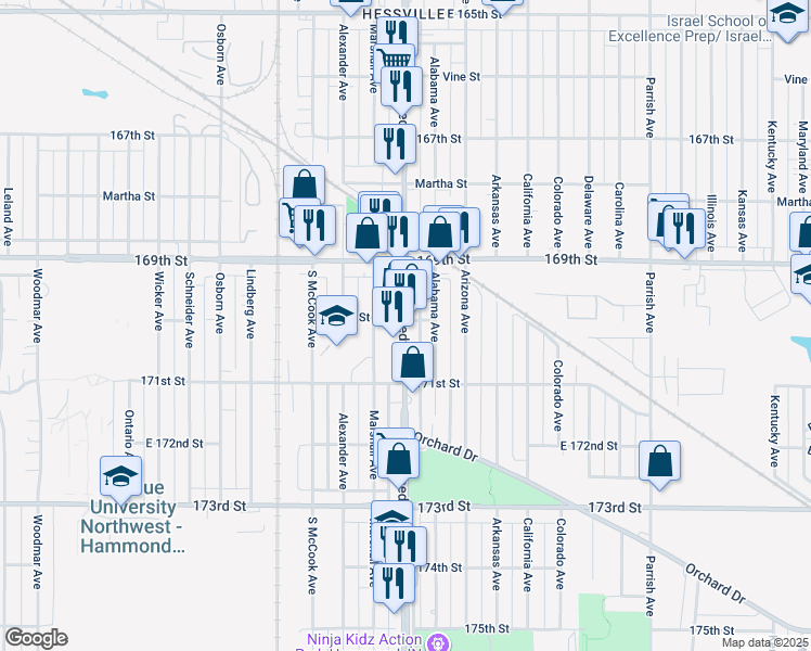 map of restaurants, bars, coffee shops, grocery stores, and more near 7018 Kennedy Avenue in Hammond