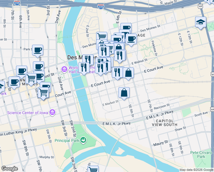 map of restaurants, bars, coffee shops, grocery stores, and more near 108 East 4th Street in Des Moines