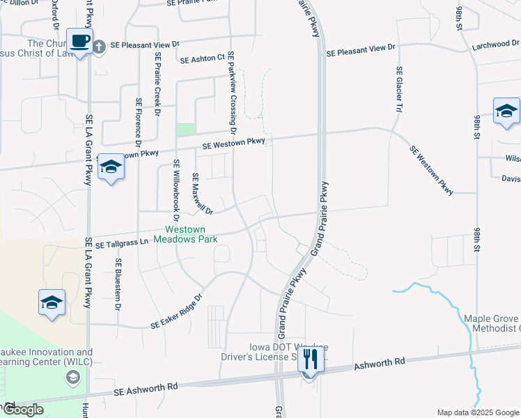 map of restaurants, bars, coffee shops, grocery stores, and more near Grand Prairie Parkway in Waukee