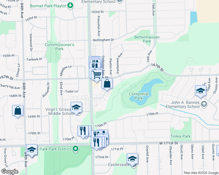 map of restaurants, bars, coffee shops, grocery stores, and more near 16719 Paxton Avenue in Tinley Park