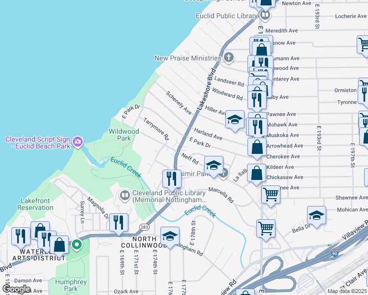 map of restaurants, bars, coffee shops, grocery stores, and more near 17808 Lakeshore Boulevard in Cleveland