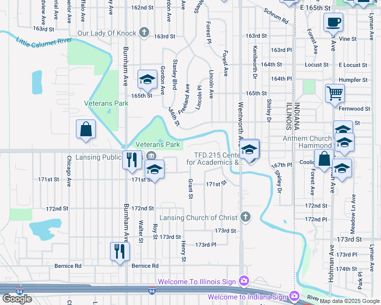 map of restaurants, bars, coffee shops, grocery stores, and more near 3418 East 170th Street in Lansing