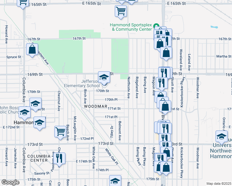 map of restaurants, bars, coffee shops, grocery stores, and more near 1716 170th Street in Hammond