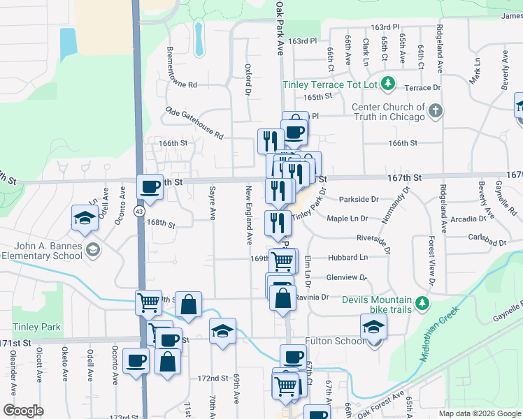 map of restaurants, bars, coffee shops, grocery stores, and more near 16755 New England Avenue in Tinley Park