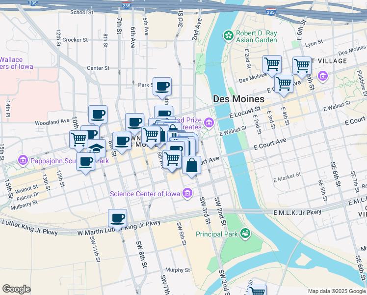 map of restaurants, bars, coffee shops, grocery stores, and more near 216 3rd Street in Des Moines
