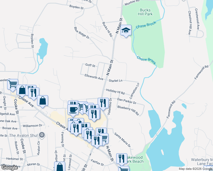 map of restaurants, bars, coffee shops, grocery stores, and more near 2570 North Main Street in Waterbury