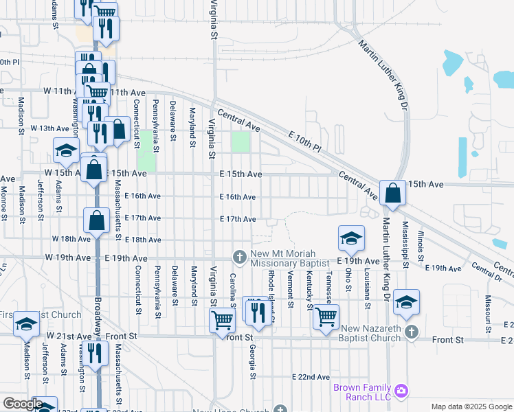 map of restaurants, bars, coffee shops, grocery stores, and more near 1651 Georgia Street in Gary