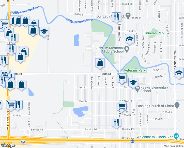 map of restaurants, bars, coffee shops, grocery stores, and more near 17000 Chicago Avenue in Lansing