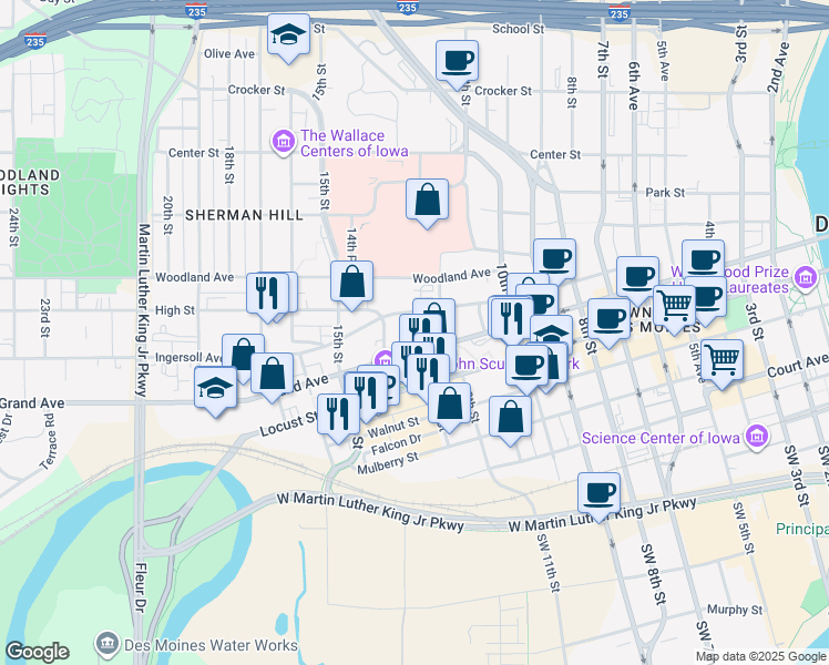 map of restaurants, bars, coffee shops, grocery stores, and more near 1331 Grand Avenue in Des Moines