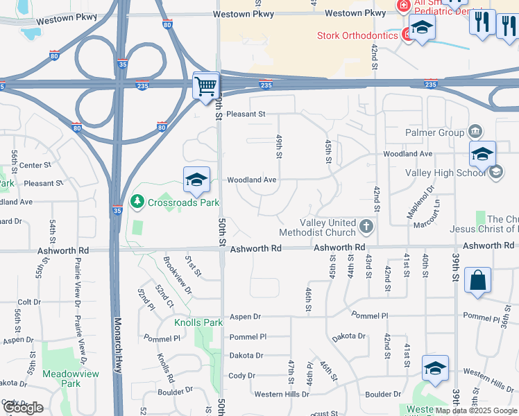 map of restaurants, bars, coffee shops, grocery stores, and more near Cedar Court in Des Moines