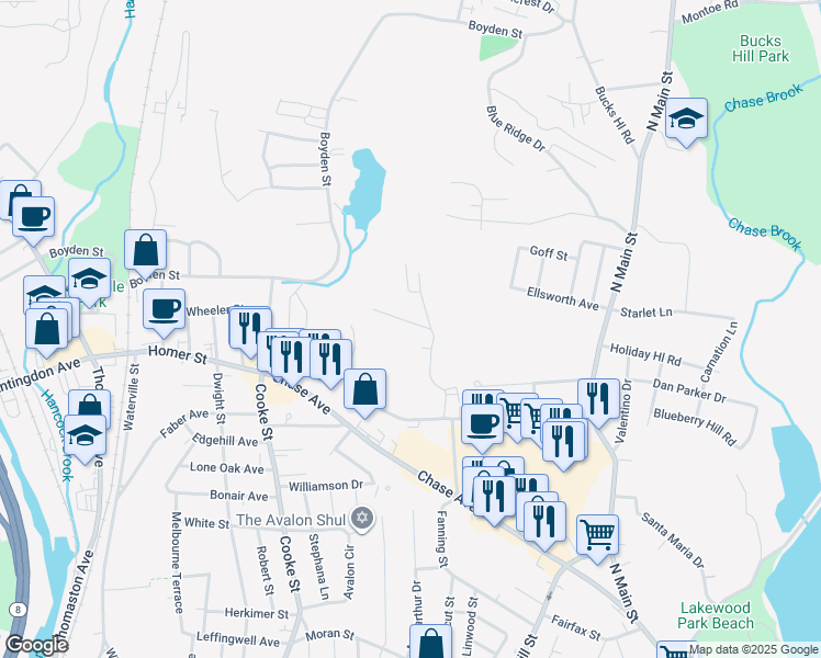 map of restaurants, bars, coffee shops, grocery stores, and more near 29 Zuella Drive in Waterbury