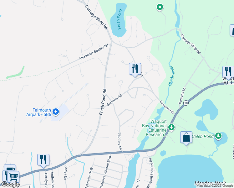 map of restaurants, bars, coffee shops, grocery stores, and more near 35 Barrows Road in Falmouth