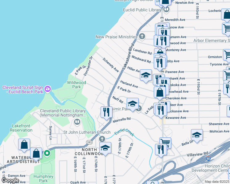 map of restaurants, bars, coffee shops, grocery stores, and more near 17715 Neff Road in Cleveland