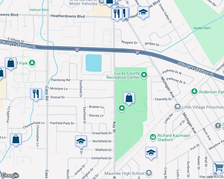 map of restaurants, bars, coffee shops, grocery stores, and more near 1809 Key Street in Maumee